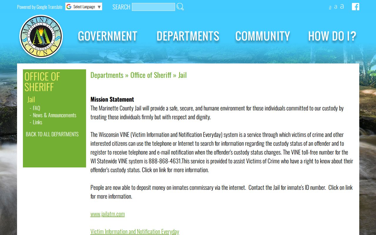 Marinette County Jail page for arrest custody records and VINE access