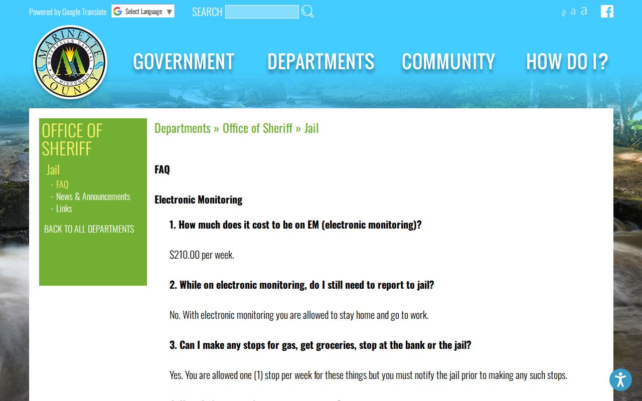 Marinette County Jail FAQ for arrest booking custody and release rules