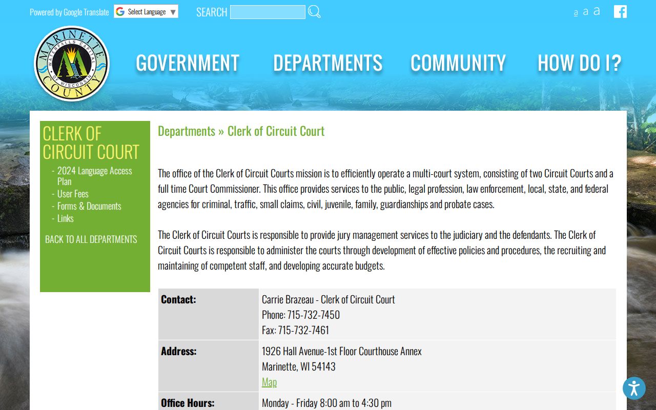 Marinette County criminal court clerk contact and counter hours