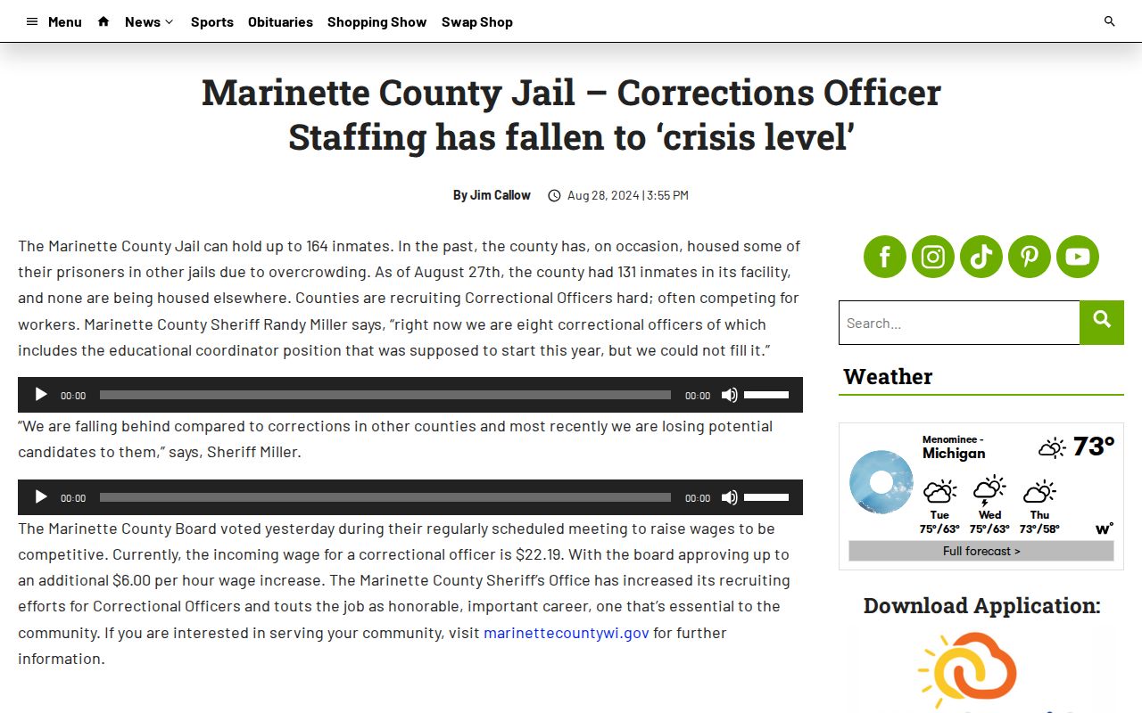 Marinette County Jail staffing report related to arrest booking operations