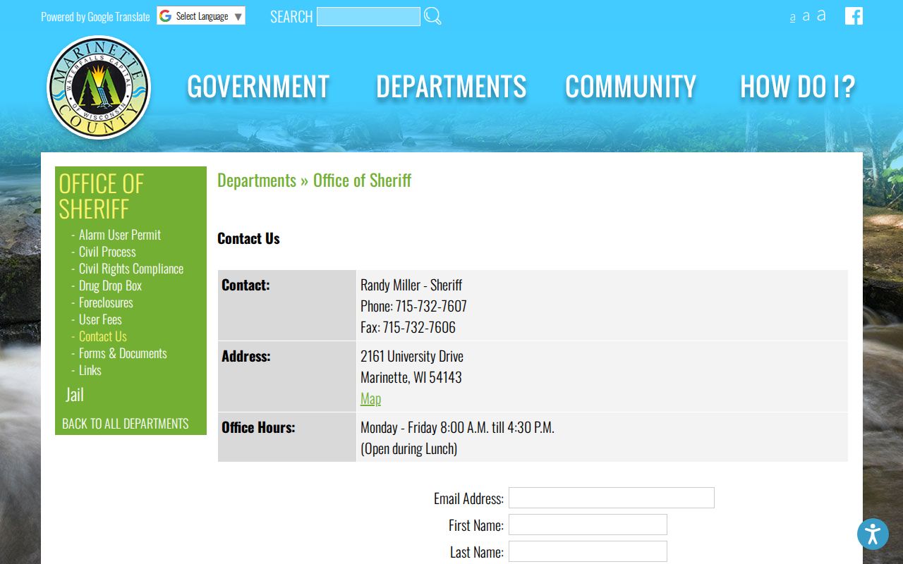 Marinette County Sheriff contact for arrest and criminal records