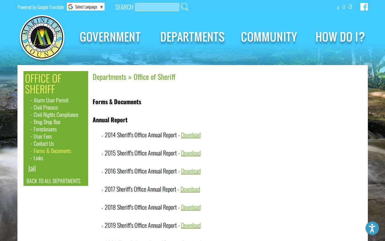 Marinette County Sheriff annual criminal justice and jail records
