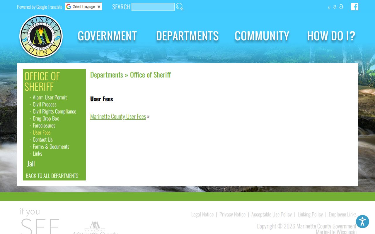 Marinette County Sheriff criminal record user fee information