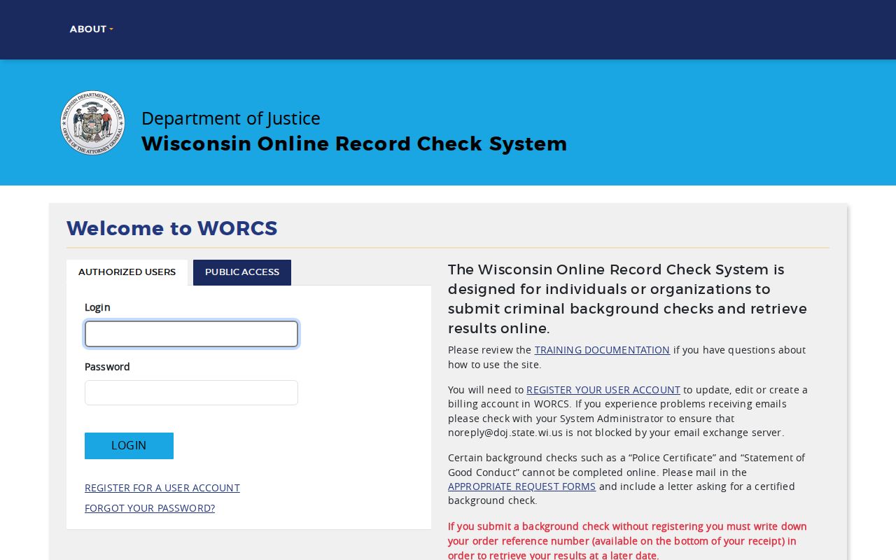 WORCS portal for a Marinette County criminal history record check